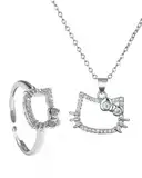 KGDUYC 1 Stück Sterling Silber Diamant Katze Halskette, Sterling Silber niedlich Cubic Zirkonia Bogen Kätzchen Anhänger Funny Cartoon Tier Halskette Schmuck Geschenke Damen Teenager Mädchen