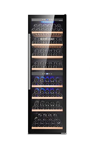 BODEGA43-180F Weinkühlschrank Freistehend Groß - Weinklimaschrank mit 2 Zonen, 5-20 ºC, 180 Flaschen, Vollglas-Designtür, Energie-Label: F, Geräuscharm (nur 38 dB) & sehr vibrationsarm, Schwarz