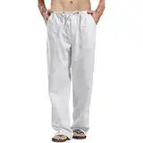 Rumity Herren Leinenhose Herren Lang Sommerhose Weit Leicht Loose Fit Freizeithose Yoga Urlaub Strandhose mit Kordelzug Sommerhose Herren Sommer Hose Herren Sommerhose Herren Lang