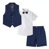 LOLANTA 4-teiliger Kinder Freizeit Anzug Set, Jungen Sommer Festlich Hochzeitsanzug, Kurzarm Hemd, Fliege, Weste, Kurze Hose, Dunkelblau, 3-4 Jahre, 110