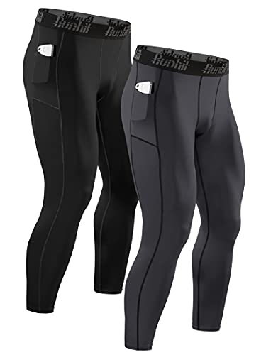 Runhit 2er Pack Kompressionshose Herren mit Taschen, Lange Tights Leggings Sporthose Laufhosen Atmungsaktiv Funktionsunterhose Trainingshose Grundschicht