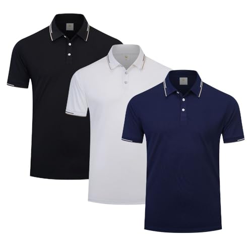 fovdtaa Herren-Poloshirt, kurzärmelig, 3er-Pack, Laufshirt, atmungsaktiv, feuchtigkeitsableitend, aktives Workout-Shirt, #8, Schwarz, Weiß, Marineblau, L