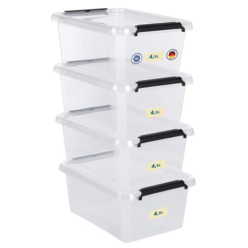 astor24 Aufbewahrungsbox mit Deckel - 4x 4.5 L - transparent Organizer - lebensmittelecht - stapelbar. Ideal für Büro, Kinderzimmer, Kleiderboxen - Küche - Werkstatt