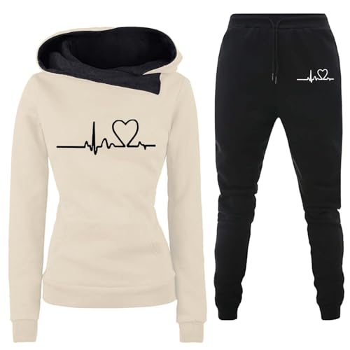 TinaDeer Damen Trainingsanzug Set 2-Teilig Heartbeat Print Hoodie Jogginghose Sweatshirt Hose Zweiteiler Jogginganzüge Damen Kapuzenpullover Sporthose Set