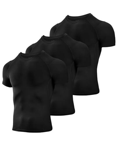 Niksa 3 Stück Kompressionsshirt Herren,Laufshirt Herren Kurzarm mit Unterarm Mesh kurzärmliges Funktionsshirt Atmungsaktiv Sportshirt Männer für Running Workout Fitness Schwarz, S