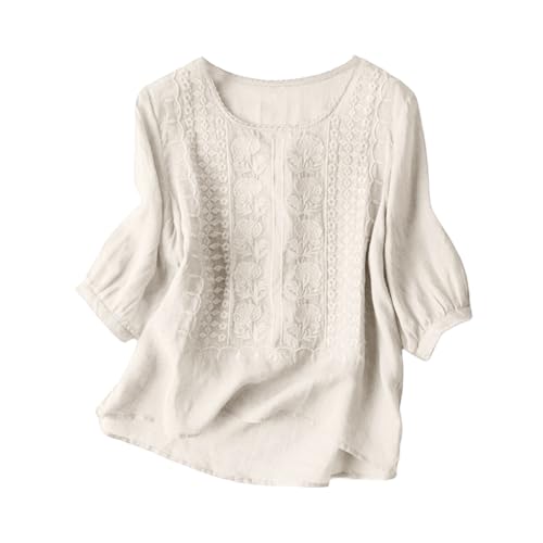 black-friday-angebote Leinenbluse Damen Sommer Musselin Tshirt Retro Große Größen 3/4-Arm Oberteile mit Stickerei Muster Leinenhemd Baumwolle Leinen Lässig Tunika Locker Bluse Boho Tops Tuniken