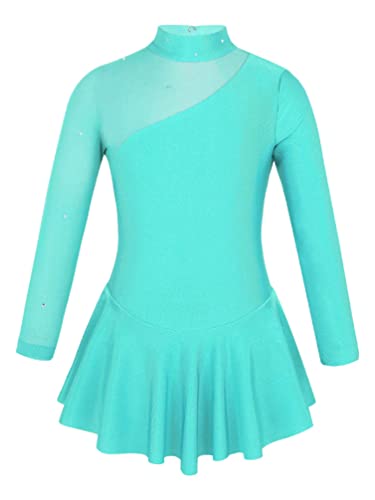 TiaoBug Mädchen Eiskunstlauf Kleid Ballettkleid Ballettanzug Langarm Body Ballett Trikot Turnanzug Eislaufen Bekleidung Wett­be­werb Kostüm gr. 98-164 Mint Grün 140