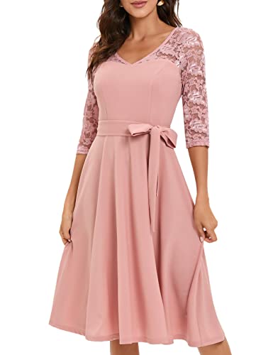 Bbonlinedress Kleider Damen festlich elegant 3/4 arm Hollow Out Spitzenkleid V-Ausschnitt Midi Freizeitkleid Abendkleider elegant für Hochzeit Sommerkleid Blush M