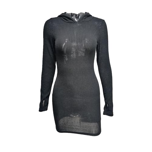 OULIWANGLUO Damen Kapuzen Reißverschluss Strickkleid Wrapped Slim Lässige Pulloverkleid Tunika Langarm Kurzekleid für Herbst Winter (Schwarz,S)