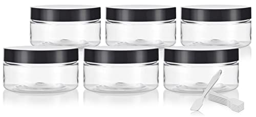 Klar Pet Kunststoff (BPA-frei) nachfüllbar Low Profile Jar – 8 Oz (6 Pack) + Spatel und Etiketten