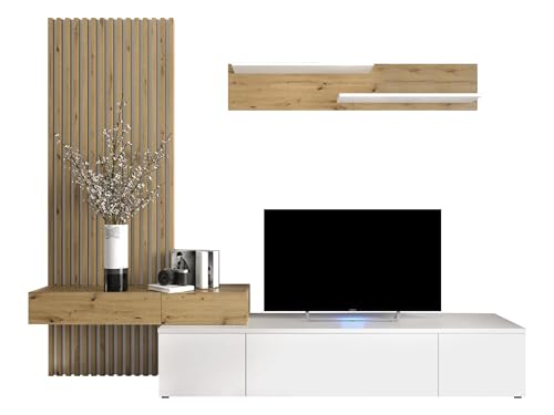 Mirjan24 Wohnwand Rakle Plus, Wohnmöbel, Elegante Wohnzimmer-Set mit dekorative Lamellen, Griffloses Öffnungssystem, Wohnzimmer Kollektion, Stilvolles TV-Lowboard (Weiß/Artisan Eiche)