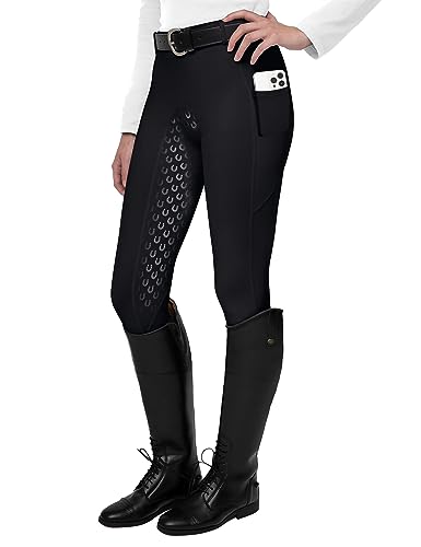 FitsT4 Sports Damen Reitleggings Silikon Vollbesatz Reithose mit Handytasche und Gürtelschlaufen,Schwarz,Gr.S