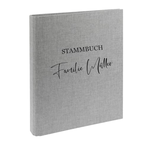 AWASG Dokumentenmappe Stammbuch - Personalisiert mit Namen - Ringbuch Ordner für die Familie - Familienordner Leinen zum Einsortieren von Unterlagen (grau)
