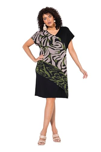 Ulla Popken Damen große Größen Übergrößen Plus Size Jerseykleid, Chiffon-Überwurf, V-Ausschnitt, Halbarm schwarz 50+ 840121100-50+