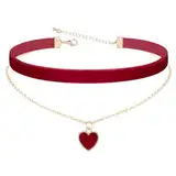 Heveer Samt Halskette Halsband Doppellagige Halskette mit Herz-Anhänger Verstellbare Gothic Choker für Damen Mädchen Rot