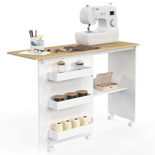 IDMarket - Faltbarer Nähtisch mit Rollen, Möbel für Nähmaschine mit 4 Einlegeböden