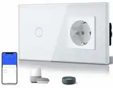 BSEED Normal Schuko Steckdose mit Smart Alexa Lichtchalter 16 Amp Glas WiFi Berührungssensor Wandschalter kompatibel mit Alexa und Google Home 1 Fach 1 Weg Weiß (Neutralleiter erforderlich) Weiß