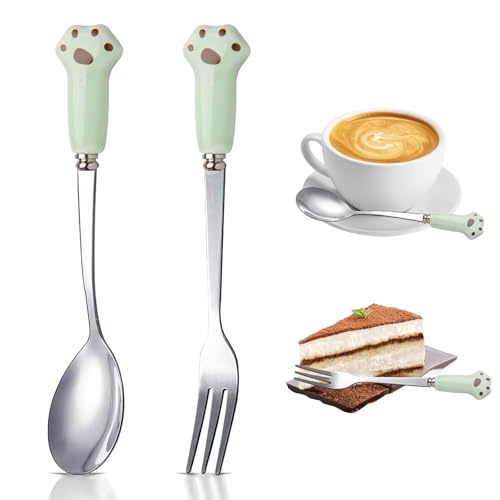 Kleine Löffel Edelstahl und kuchengabeln Set, 13 cm kaffeelöffel, Espresso Löffel Klein, Teelöffel, Dessertlöffel, für Familienrestaurants, Hotels und Cafés, Katzenpfötchengriff, Spülmaschinengeeignet