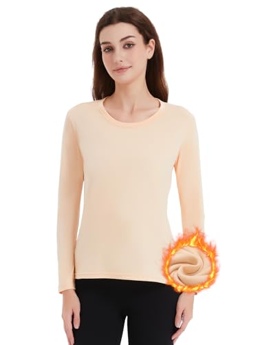 Soudittur Innenfleece Thermounterwäsche Damen Thermo Oberteil Langarm Unterhemd Winter Thermal Unterziehshirt Funktionsunterwäsche (M,Beige)