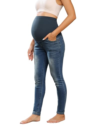 Maacie Umstandsleggings Umstandskompressionsjeans Bauchstützhose Umstandsleggings Hohe Taille Jeans Nachgeburt volle Länge Hose Dunkelblau XL