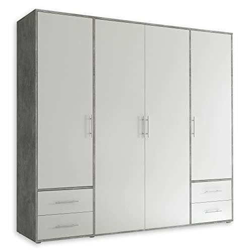 Stella Trading Kleiderschrank in Beton Optik, Weiß - Vielseitiger Drehtürenschrank 4-türig mit viel Stauraum für Ihr Schlafzimmer - 206 x 195 x 60 cm (B/H/T)