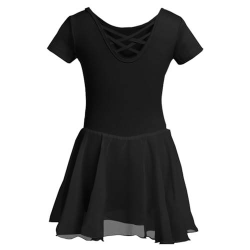 DGSHIRLDJO Kinder Ballettkleidung Mädchen Kurzarm Baumwolle Ballettkleid Balletttrikot Tanzkleid Tanzbody mit Chiffon Rock Tütü (DE/NL/SE/PL, Numerisch, 130, Regular, schwarz)