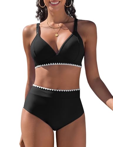 UMIPUBO Bikini Damen Set Push Up Zweiteiler Bauchweg V-Ausschnitt Große Größe Bademode Hoher Taille Colour Blocking Mit Muschelkante Badebekleidung(Schwarz,M)