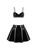 inhzoy Frauen Lack Leder Latex Outfit Wetlook Rock Crop Tank Top Set Damen Gogo Outfit Sexy Wetlook Bra Mini Faltenrock Skaterrock Set Schwarz_A S