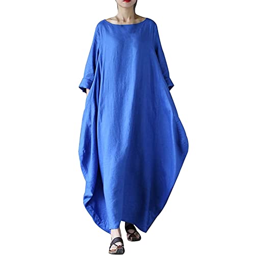 kleid für Damen, Übergröße, langärmelig, Leinen, Midi-Kleid, lockere Passform, Rundhalsausschnitt, Freizeitkleid, Blau #2, Groß