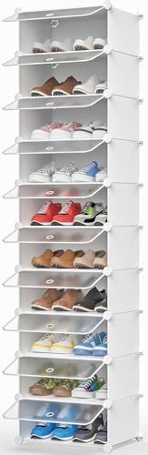 HOMIDEC Schuhregal, 10 Ebenen Schuhschrank Kunststoff-Schuhregale Organizer für Schrank Flur Schlafzimmer Eingang, Weiß und Transparent
