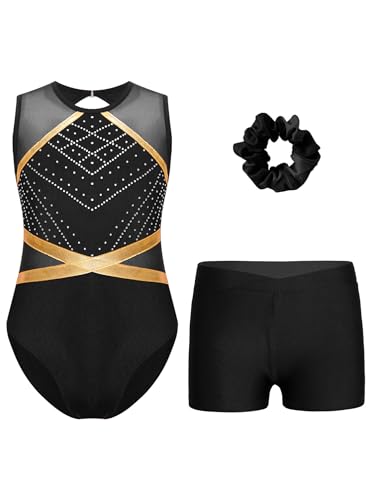 TiaoBug Mädchen Turnanzug Metallic Gymnastikanzug mit Flamme Ärmellos Trikot Leotard Gymnastik Turn Shorts Kurze Hose Tanz Kleidung Set Schwarz G 158-164