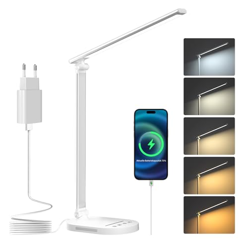 HASKARE Schreibtischlampe LED Dimmbare Tischlampe, 5 Farbmodi und 5 Helligkeitsstufen Blendfreie Augenschutz-Desk Lamp, USB-Ladeanschluss，Mit 5V/2A Netzadapter（Weiß）