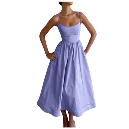 Langes Sommerkleid Damen Frauen ärmelloses Schlinge langes Kleid Sommer einfarbig rückenfrei A-Linie Verbandkleid Kleid Vintage Damen Große Größen (Purple, M)