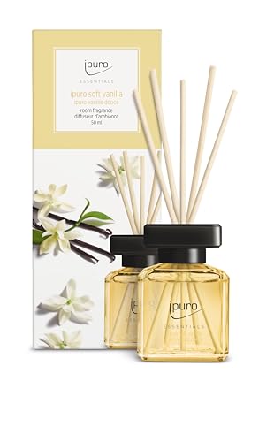 ipuro - Essentials Raumduft Soft Vanilla 50ml | Raumerfrischer mit Vanille, Sandelholz, Lakritz, Pfirsichblüte & Karamell Duft Aroma | Diffuser mit Stäbchen | Lufterfrischer für die Wohnung