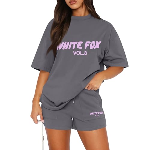 Damen Trainingsanzug 2 Stück White Fox Print Bekleidungssets Einfarbig Rundhals Pullover T-Shirt mit Shorts Set Sommer Outfits Y2K Sets Zweiteiler Jogginghose Sportbekleidung(Dark Gray,S)