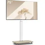 AOKCOS TV Bodenständer Rollbar mit Holzregal, TV Ständer mit Rollen für 43-75 Zoll Flach & Curved Fernseher bis 50kg, Höhenverstellbar Schwenkbar Fernsehstand, Max.VESA 600x400mm