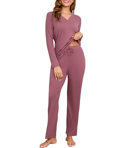 Becotal Schlafanzug Damen Lang, Pyjama Set Winter, Zweiteiler Hausanzug Baumwolle, Rippen Einfarbig Loungewear, Kuschelig Nachtwäsche Warmer, Gerippt Sleepwear, Freizeit Outfit 2 Teiler Set