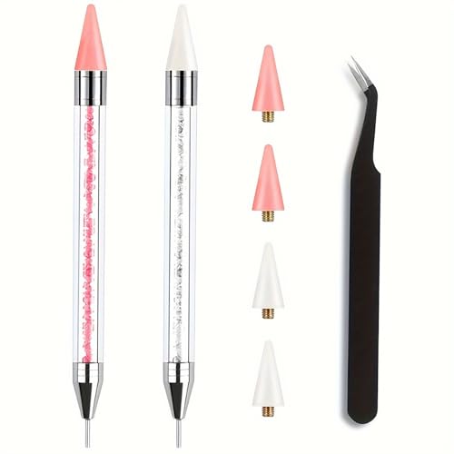 Strass Picker Punktierstift,2 PCS Nagelpunkt Stift Strass Picker Dotting Pen mit 4 Wachsköpfen und 1 Pinzette Nagel Diamantmalerei Verzierungsstifte Für DIY Nagel Design Rosa + Weiß