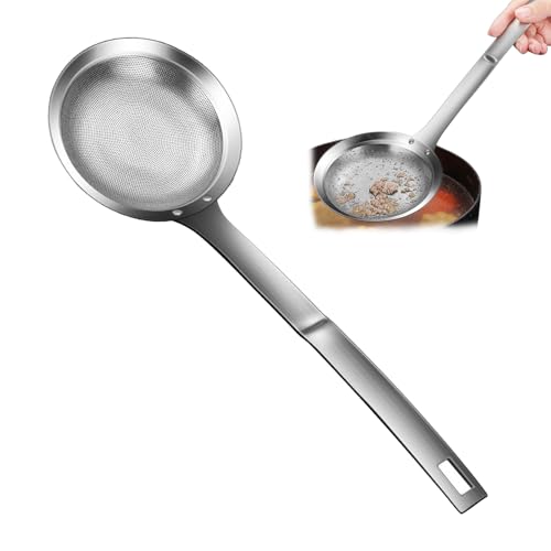 IUSOT Feiner Schaumlöffel aus Edelstahl, Gittersieb aus Edelstahl Frittierkelle für die Küche, Feines Sieb aus Edelstahl mit Langem Griff für Kochen, Fett- und Schaumentferner (L)