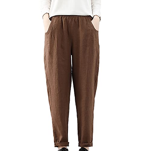 Damen Baumwolle Elastischem Bund Jogginghose Lockere Leichte Haremshose BüNdchen Entspannte Laufhose Mit Taschen (XXL,Braun)