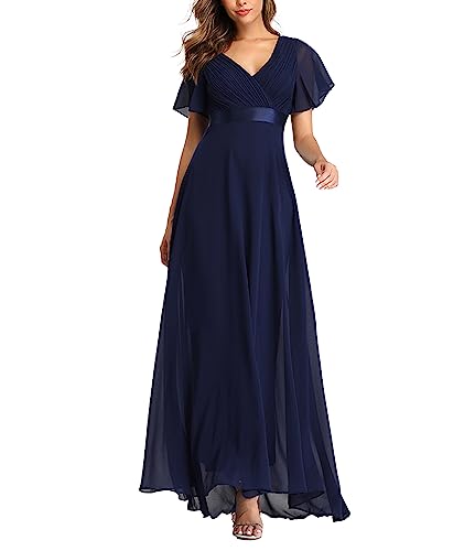ECDAHICC Damen Abendkleider Gürtel V-Ausschnitt Hohe Taille A-Linie Chiffon Brautjungfernkleid Elegant Lang Ballkleid(ZQ,XL)