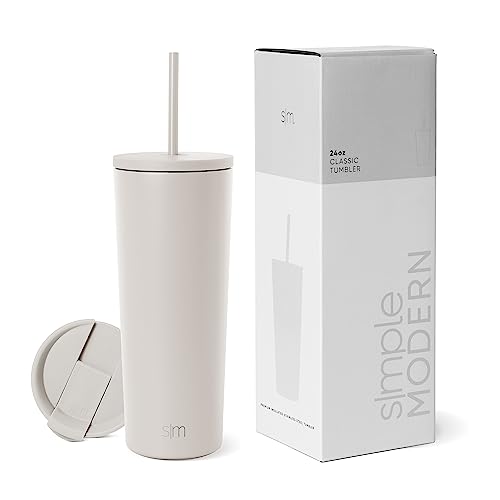 Simple Modern Thermobecher mit Strohhalm und Deckel | Trinkbecher mit Henkel Wiederverwendbare Edelstahl | Geschenke für Frauen und Männer | Classic | 710ml | Almond Birch