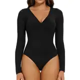 Joyshaper Damen Body Elegant Sexy V-ausschnitt Bodysuit Langarm Bodies Long Sleeve Oberteil Tops Langarmshirt für Frauen Schwarz L