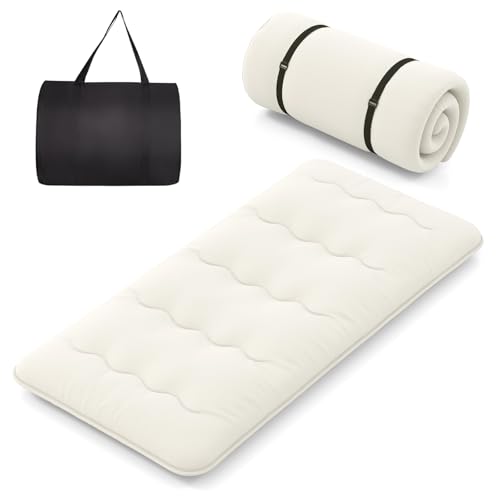 COSTWAY Japanische Futon Matratze, Tatami-Matte, Bodenmatratze, Klappmatratze mit waschbarem Bezug, Faltbare Schlafmatte mit Tragetasche, Beige, 90 x 200 cm