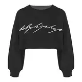 Alvivi Mädchen Sweatshirt Pullover Langarmshirt mit Buchstaben Druck Sport Crop Tops Bauchfrei Oberteile Streetwear Gr.98-188 A Schwarz 134-140