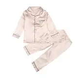 Mädchen Satin-Schlafanzug-Set Einfarbig Lange Seide Pyjama Set mit Knopfleiste und Revers Weiche Pyjamas Langarm Schlafanzugoberteile Hosen Hausanzug Pyjamas 2-teiliges Nachtwäsche Set 2-14 Jahre