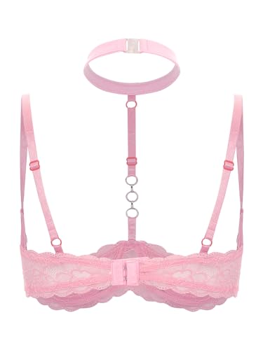 TiaoBug Damen sexy Dessous Erotik BH Bra Neckholder Oberteil Reizwäsche Transparente Spitze Unterwäsche Offene Brust Verführerische Lingerie Rosa N 5XL