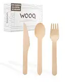 wooq Premium Holzbesteck Set 200-teilig aus Birkenholz (100 Holzgabeln, 50 Holzlöffel, 50 Holzmesser Holz Besteck) Einwegbesteck kompostierbar in wiederverschließbarer Pappbox