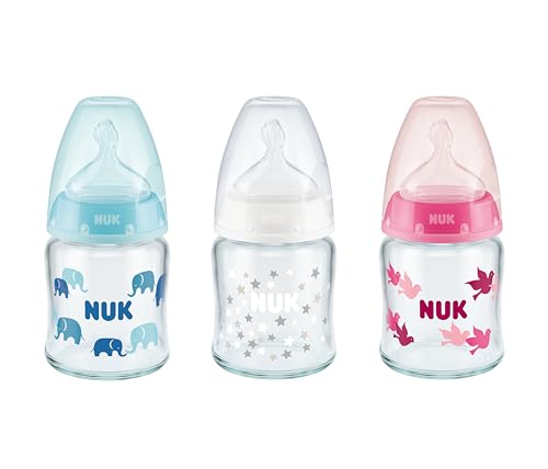 NUK First Choice+ Glas-Babyflasche mit Temperature Control, kiefergerechter Trinksauger, 120ml, 0-6 Monate, 1 Stück, Farbe nicht frei wählbar