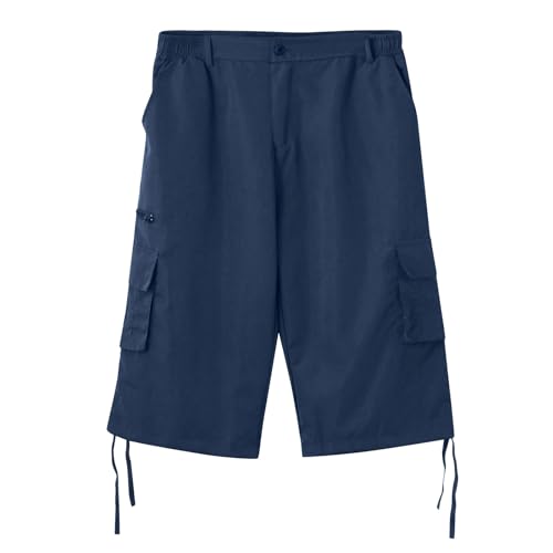 QWUVEDS Kurze Hosen Herren Herren-Cargo-Shorts für Frühling Sommer, Straße, Freizeit, Sport, mehrere Taschen, Kordelzug, Stretch-Taille, Farbe Karierte Cargohose Kurze Hosen Herren Cargo (Navy, L)